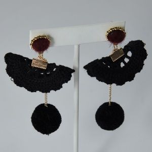 Knitted earrings with pom pom, black , gold